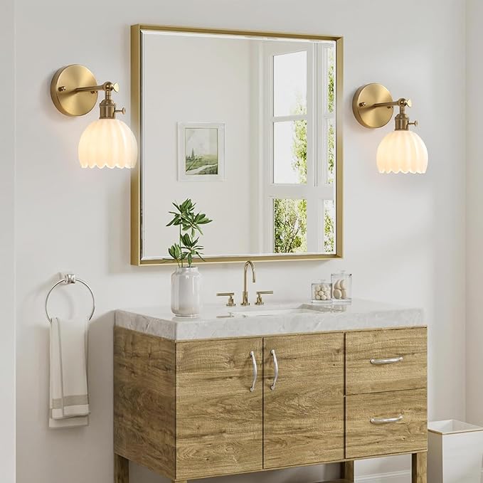 1-Light Gold Brass Bathroom Light Fixture,Wall Sconces Set of 2,Brushed Gold Vanlity Light Over Mirror,Bathroom Vanity Light with White Glass Flower Shade,E26 Socket(Bulbs Not Included)