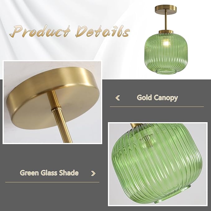 KCO Lighting Vintage Green Glass Semi Flush Mount Ceiling Light Brushed Gold Flush Mount Ceiling Light Fixtures Mid Century Antique Brass Globe Kitchen Ceiling Lighting