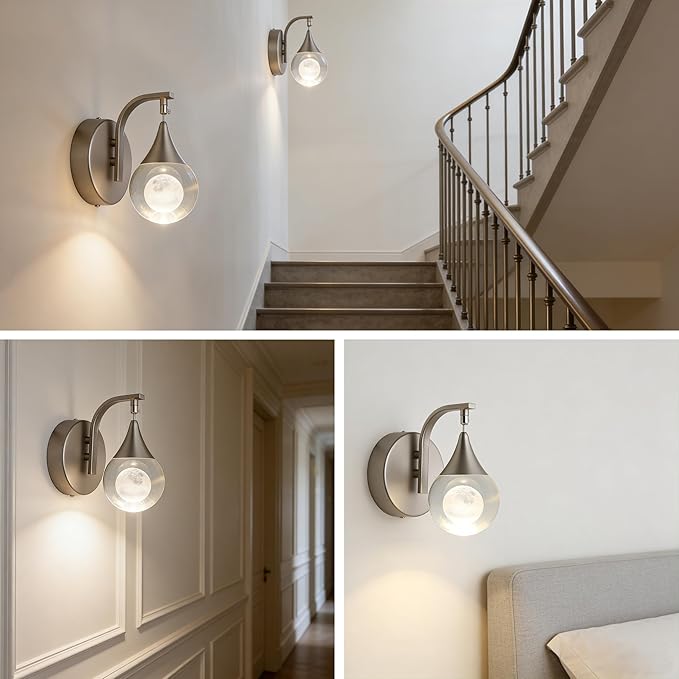 Sedelan Crystal Wall Sconce, Indoor LED Modern Wall Sconces, 5W Dimmable Moon Wall Light for Bedroom Bedside Bathroom Living Room Corridor, Sand Nickel
