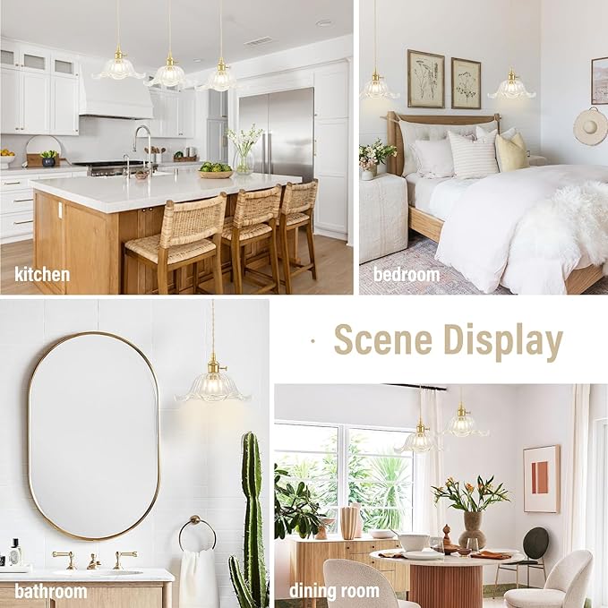 Vintage Pendant Lights Kitchen Island 2 Pack, Adjustable Pendant Light Fixtures with Transparent Lily Glass Lampshade, Gold Kitchen Pendant Lighting Over Island, Pendant Light for Dining Room Hallway