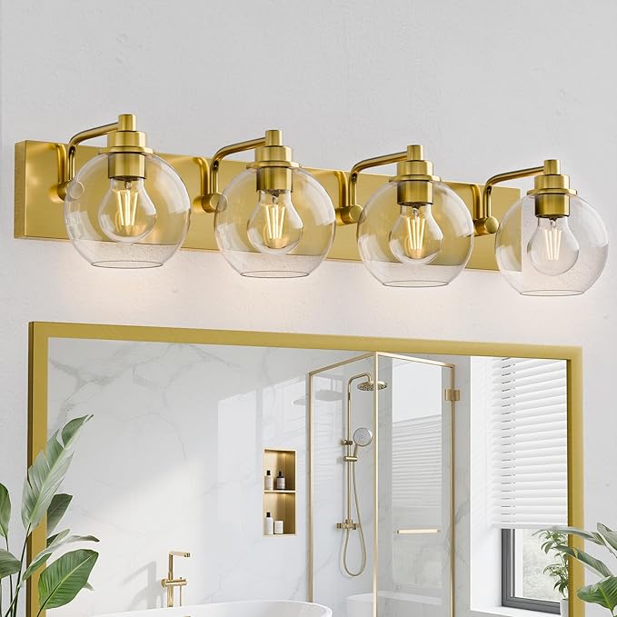 Espird 4 Light Bathroom Light Fixtures-Brushed Gold Bathroom Vanity Lights, Modern Vanity Lights 4-Light Bathroom Lighting Fixtures Over Mirror with Clear Glass Globe Shade