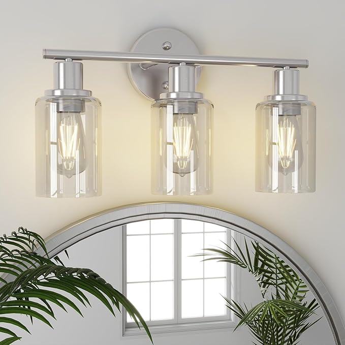 Pia Ricco 3-Light Bathroom Vanity Light Fixtures, Brushed Nickel Vanity Lights with Clear Glass Shades,Modern Wall Lights Over Mirror, Bath Wall Sconces for Mirror Living Room Bedroom Hallway