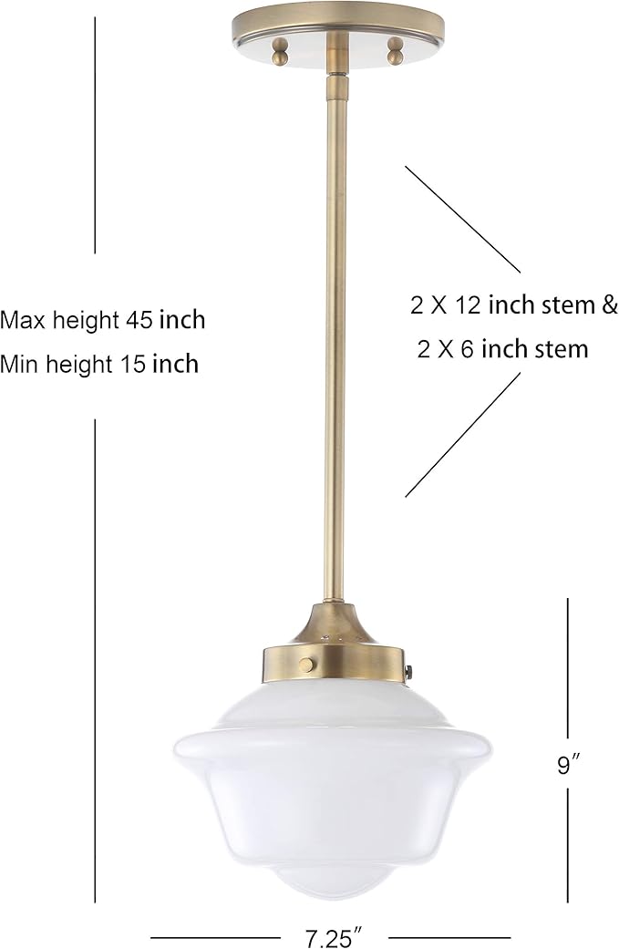 JONATHAN Y 7.2" Brass Gold Modern Schoolhouse LED Pendant Light Fixture, Adjustable Drop Metal Hanging Lamp with White Glass Shade for Kitchen Island, Dining Room, Foyer JYL3516A