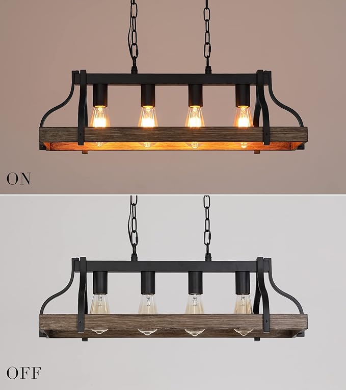 MEIXISUE Rustic Kitchen Island Dining Room Light Fixture Farmhouse Linear Chandelier Black and Retro Wood Finish 4-Light Industrial Metal Hanging Pendant Light UL Listed L28.3 W10.6