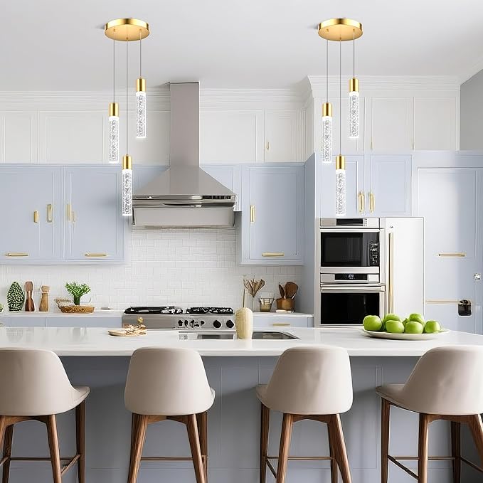Pendant Lights Kitchen Island, Modern Kitchen Island Lights, Ceiling Lighting Fixtures with Crystal Bubble, Integrated LED Hanging Light Goid 1 Pack(3-Light)