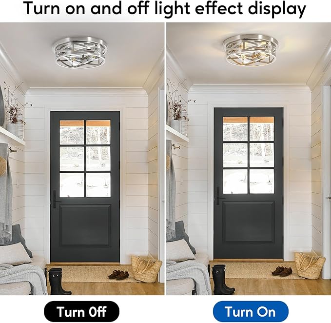 Indoor Cage Flush Mount Ceiling Light Fixtures, 13 Inch Brushed Nickle Close to Ceiling Light, Modern Metal Rustic House Ceiling Lights for Hallway Kitchen Bedroom Entryway Office