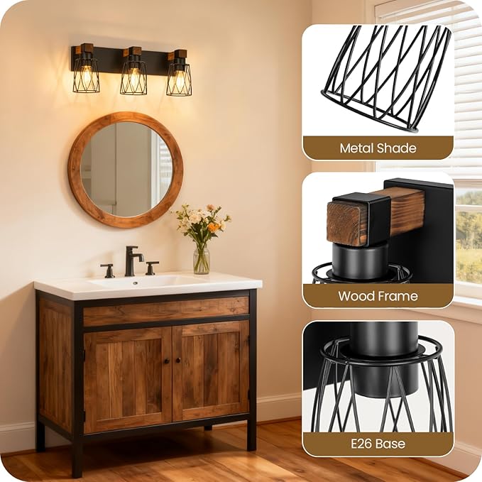 Industrial Farmhouse Bathroom Vanity Light, 3-Light Wood and Metal Wall Light Fixture, E26 Bulbs Not Included, for Bathroom, Vanity, Hallway, Black and Rustic Brown B19BD05