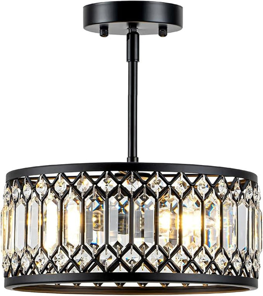 Crystal Black Ceiling Light, Modern Light Fixture Ceiling, Chandelier for Living Room Dinning Room Bedroom Walk-in Closet 3-Light 12.2 Inch