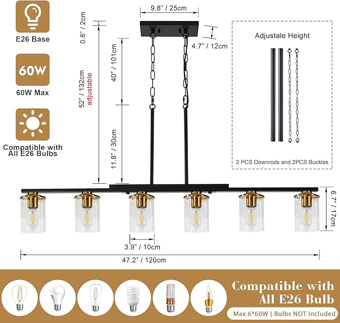 6-Light Kitchen Island Lighting,Dining Room Lights Modern Farmhouse Chandelier with Clear Glass Shade,Modern Rustic Black and Gold Metal Chandelier, Kitchen Pendant Light Fixtures Over Table