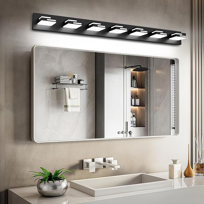 LED Modern Bathroom Vanity Light Fixtures, 7-Light 48-inch Dimmable Matte Black Vanity Lights for Bathroom Lighting Fixtures Over Mirror, with 360° Rotatable Acrylic Heads (Cool White 6000K)