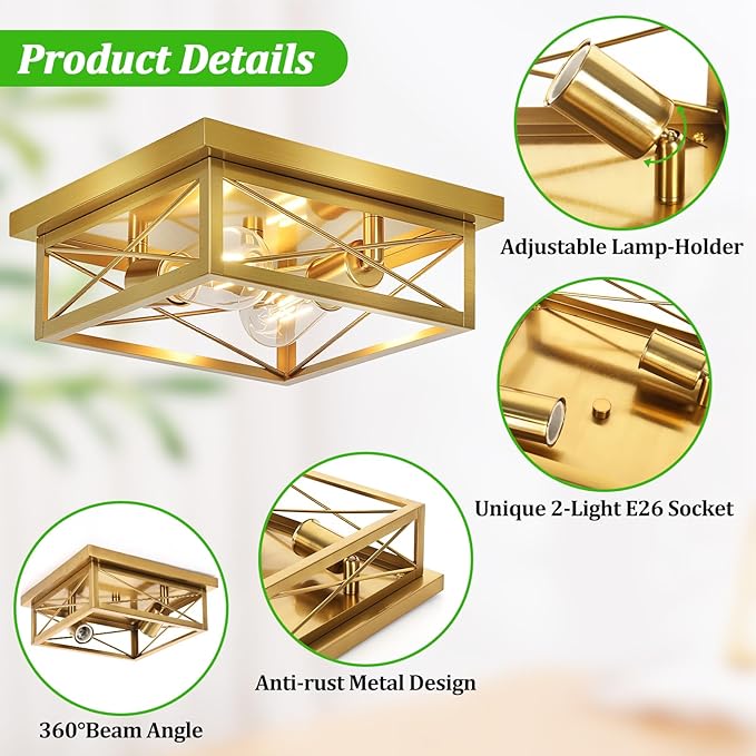 Gold Hallway Light Fixtures Ceiling, 2-Light Farmhouse Vintage Flush Mount Ceiling Lights, 2-Pack Brass Metal Kitchen Light Fixtures, Close to Ceiling Lights for Bedroom Living Room Entryway