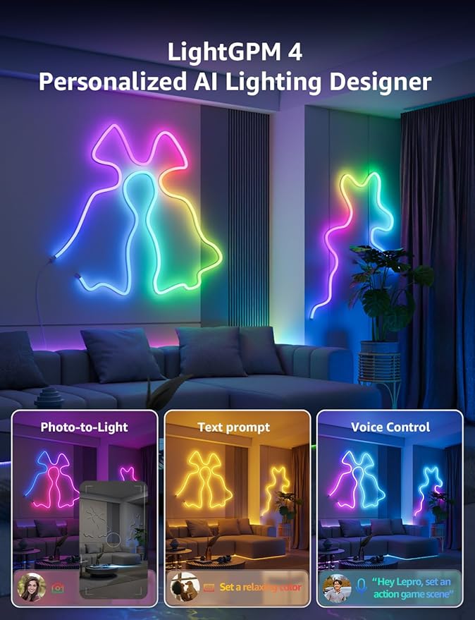 Lepro N1 AI Smart RGB Rope Lights for Christmas, Personalized AI Lighting Designer, LightBeats Music Sync, Color Segment DIY, Voice Control Via App, 32.8ft Wi-Fi & Bluetooth LED Strip Lights
