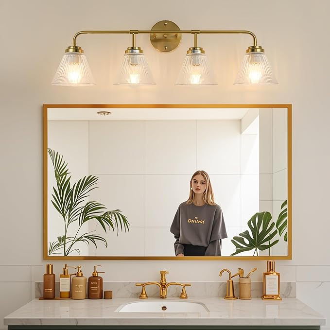 Modern Bronze Bathroom Vanity Light, 4-Light Wall Sconce with Clear Ribbed Glass Shades, Farmhouse Industrial Light Fixture for Bathroom, Vanity Mirror, Powder Room, Hallway (bronze, Eletroplate, 4)