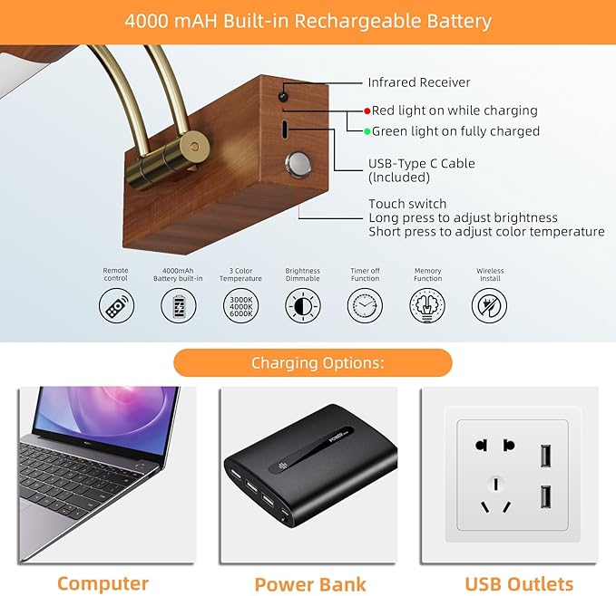 Wireless Picture Lights for Wall Rechargeable,16 inch Battery Operated Art Light for Paintings,3CCT Dimmable with Remote,Rotatable Gallery Light for Pictures Display,Wood