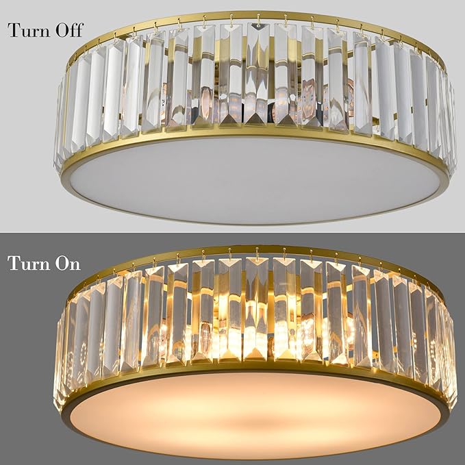 Gold Flush Mount Ceiling Light Crystal Ceiling Light Fixtures Modern 4-Light Drum Shade Flush Mount Crystal Ceiling Lighting for Living Room Bedroom, 16-Inch
