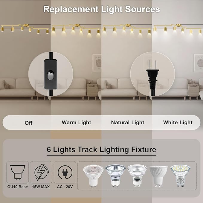 Plug in Track Lighting LED, Track Lighting Fixtures Ceiling, Gold 6-Light Kitchen Light Kit, Plug in Wall Light with 14.8ft Power Cord, Rotatable Ceiling Spotlight for Bedroom(GU10 Socket, NO Bulb)