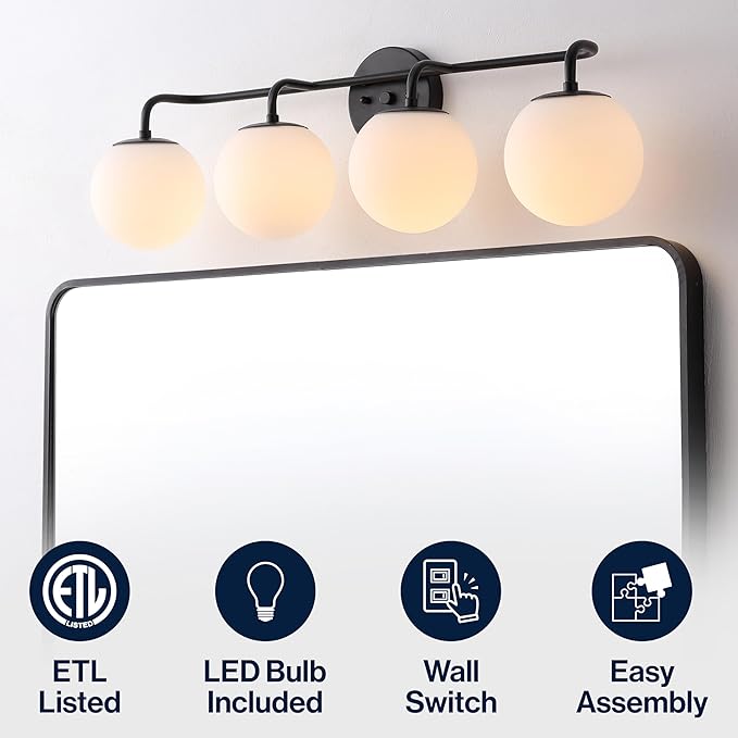 JONATHAN Y 31" Black Modern Globe Wall Sconce Vanity Light for Bathroom, White Frosted Glass Shade, Midcentury Parisian Bistro Wall Lamp, LED Bulb Included (JYL3558B)