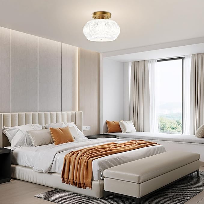 Semi Flush Mount Ceiling Light, Milk Glass Shade Modern Ceiling Light Fixture, Vintage Gold Lighting for Hallway Bedroom Entryway Kitchen Porch