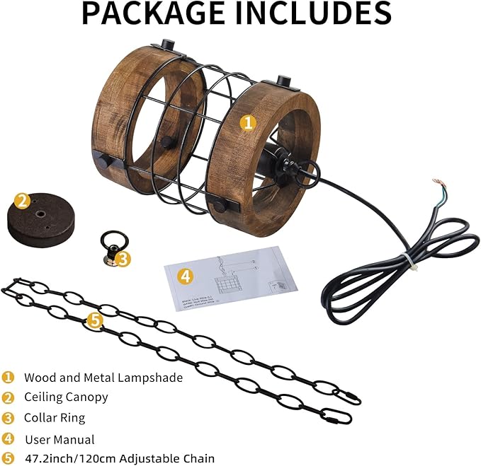 Retro Industrial Metal and Wood Farmhouse Chandeliers, 1-Light Round Cage Pendant Light Fixtures for Farmhouse Kitchen Island Foyer Hallway Bar Dining Room Restaurant, Brown, 2 Pack