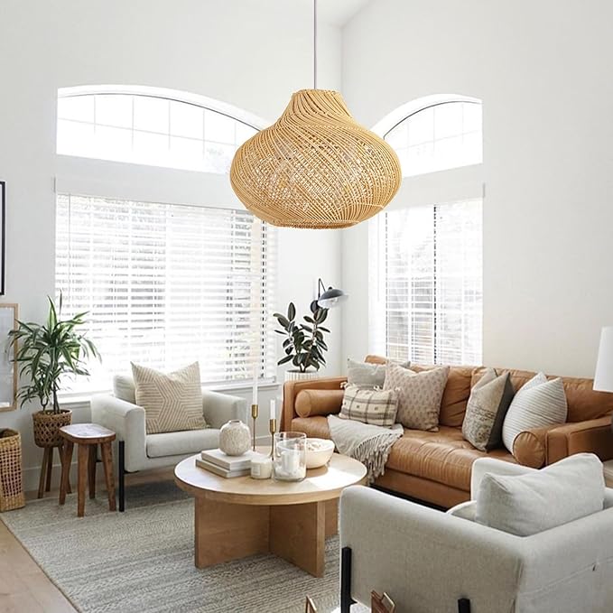 2-Light Rattan Pendant Light,14.96" Hanging Light,Round Wicker Pendant Light Hand-Woven Rattan Chandelier for Workplace Dining Living Bedroom Kitchen Farmhouse 1-Pack