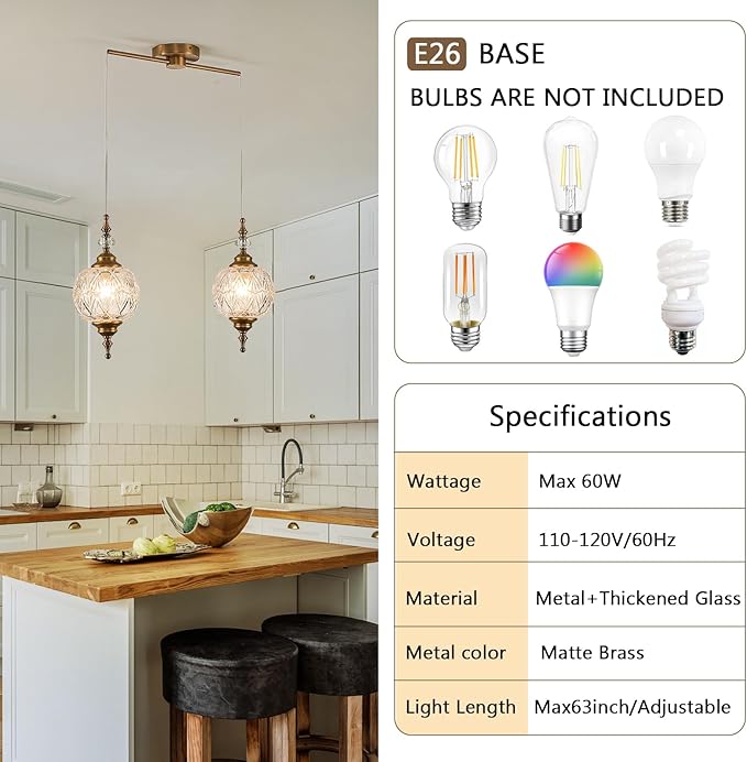 Vintage Pendant Lighting Fixtures Modern Glass Hanging Lamp for Kitchen Island Bedroom Hallway Dining Room 2 Light Chandeliers with Clear Glass Shade