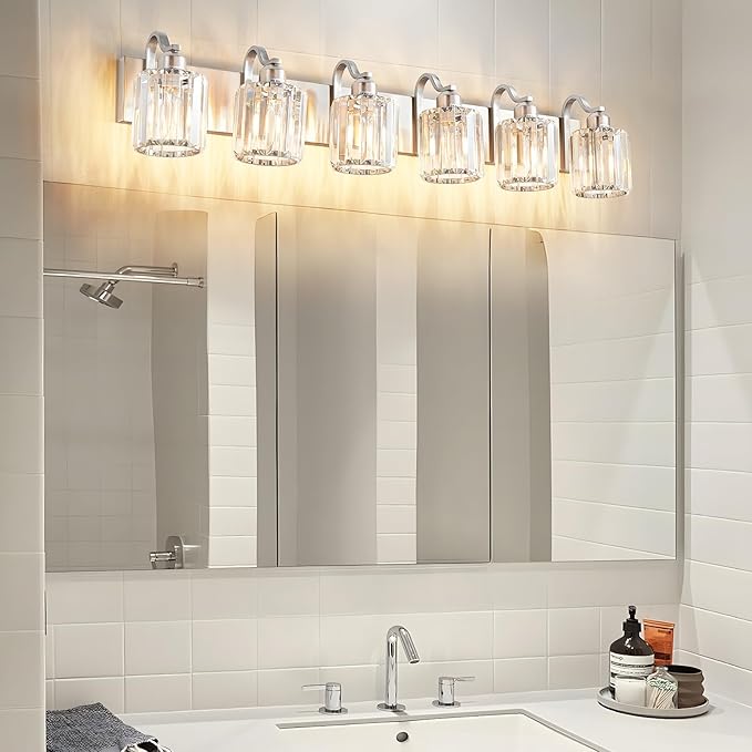Crystal Bathroom Lighting Fixtures Over Mirror, 6 Light Brushed Nickel Vanity Light, Modern Bath Wall Sconce Lighting for Bedroom Living Room (Exclude Bulb)