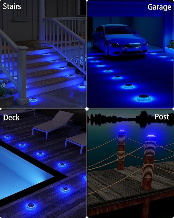 DetarZinLED 6 Packs Solar Driveway Lights, Blue Dock Deck Lights Solar Powered Outdoor IP68 Waterproof, Stick on Light for Step, Stair, Driveway, Pool, Pathway, Walkway, Patio
