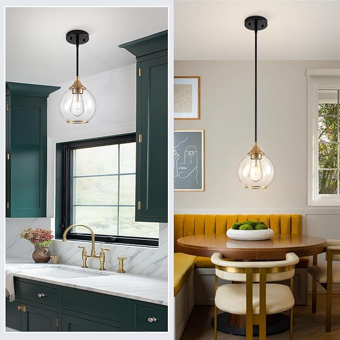 Pendant Lights Kitchen Island,Farmhouse Black and Gold Pendant Light with Clear Glass Globe Shade,6.29" Glass Pendant Light for Finish Farmhouse Entryway Dining Room Kitchen Island 1 Light