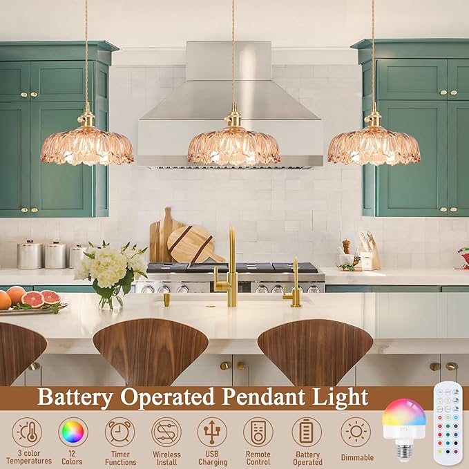 Battery Operated Pendant Light,Vintage Light Fixtures 2500mAh 9.4in RGB Light Bulb Amber Modern Chandelier with Remote Control Wireless Adjustable Rechargeable Chandelier for Kitchen Island 1Light