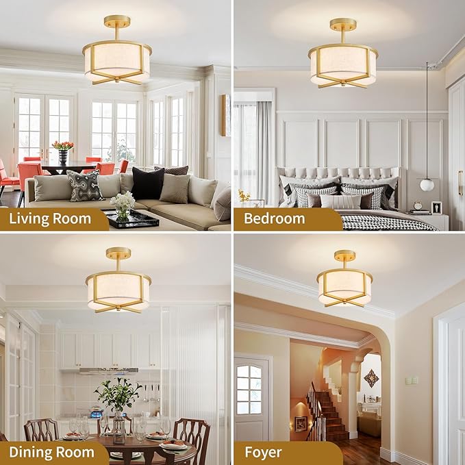 Modern Fabric Drum Chandelier, Semi-Flushmount Close to Ceiling Light Fixture for Living Room, Bedroom, Dining Room, D12 x H9 in, Gold Finish Metal Frame & Linen Fabric Shades
