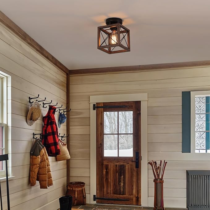 Rustic Farmhouse Metal Flush Mount Ceiling Light Fixture Antique Oak Hexagon Cage Small Semi Flush Mount Ceiling Light for Kitchen Hallway Entry Bedroom Country Farmhouse, Black