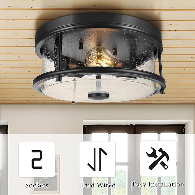 Farmhouse Flush Mount Ceiling Light Fixture, 12 Inch Rustic Close to Ceiling Light Fixtures Metal Cage Lighting with Seeded Glass for Home Kitchen Bedroom Dining Room Entryway Hallway