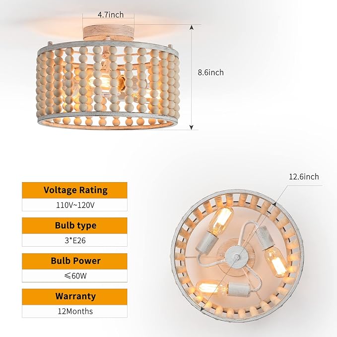 tewei Wood Beaded Boho Chandelier Light Fixture, Semi Flush Mount Ceiling Light 3-Light Rustic Nursery Close to Ceiling Lights for Bedroom Kitchen, Living Room, Oak White, E26 Base