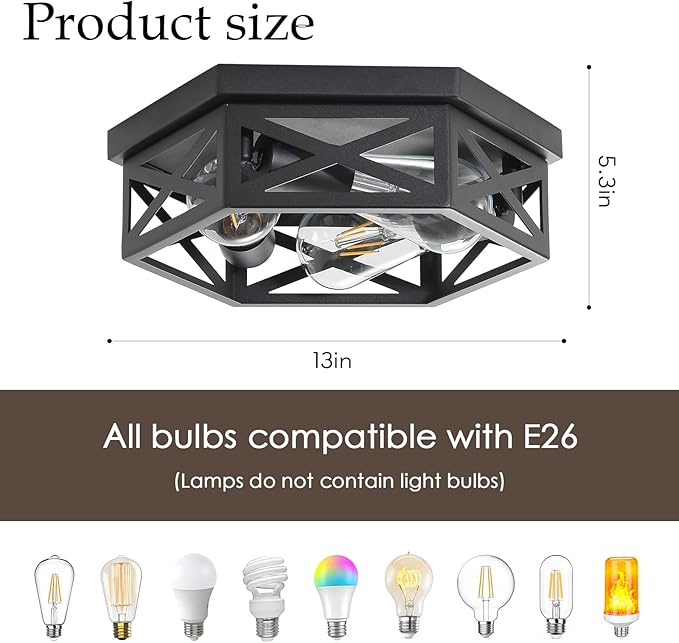 2 Pack Industrial 3-Light Semi Flush Mount Ceiling Light Fixture,Farmhouse Black Sputnik Ceiling Lighting, Modern Chandelier E26 Base Pendant Lamps