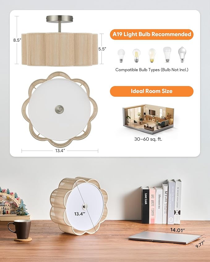 VONLUCE Semi-Flush Mount Boho Ceiling Light, 13.4" 3-Light Rattan Ceiling Light Fixture with 2 Tier Rattan Fabric Petal Shade, Lighting for Bedroom Dining Living Room, Nickel Finish, ETL Certificated