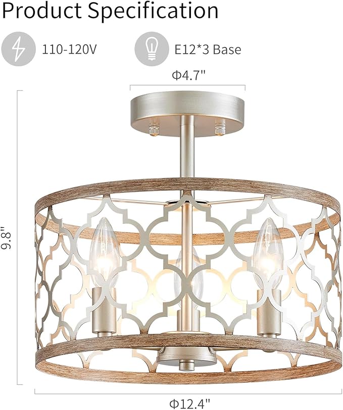 WUZUPS Chandelier 3-Light Vintage Farmhouse Semi-Flush Mount Ceiling Light Lighting Fixture for Foyer Bedroom Hallway Storage Room Kitchen Bathroom, H 9.8" x W 12.4", E12 Base, Nickel & Wood Imitaion