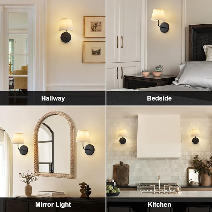 Rechargeable Wall Sconces Set of 2 - Vintage Black Cordless Battery Operated Fabric Sconce - Wireless Dimmable Led Bulb Wall Lights With Remote for Bedroom Bedside Living Room Stairway Hallway Porch