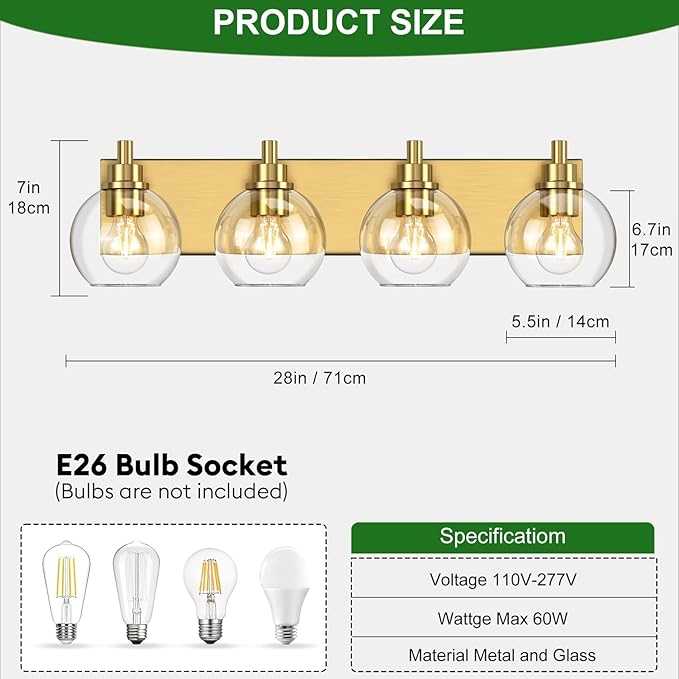 IZORRO Bathroom Light Fixtures, 4 Light Brushed Gold Vanity Light, Modern Wall Sconces with Globe Clear Glass Shade, Vanity Lighting Fixtures Over Mirror,E26 Bulb Socket