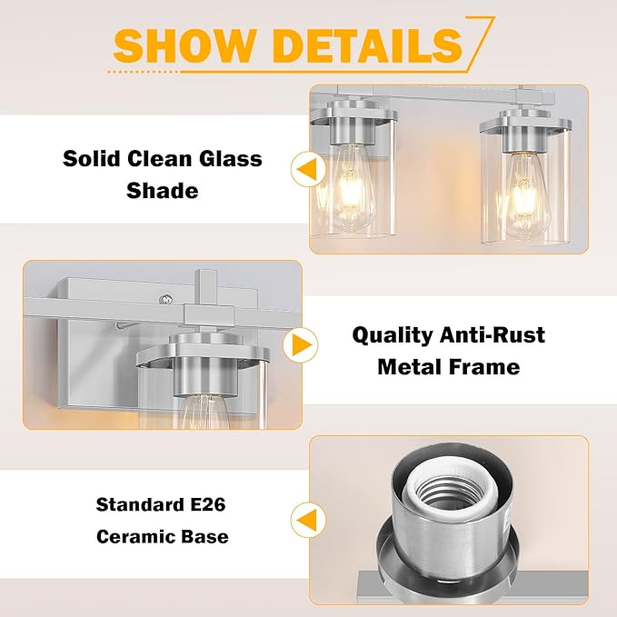 Brushed Nickel Bathroom Light Fixtures, 3-Lights Bathroom Vanity Light with Glass Shades, Modern Vanity Lights for Mirror, Wall Lights for Living Room, Hallway, Cabinet, E26 Base