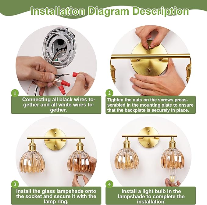 Vintage Bathroom Light Fixtures,2-Light Hardwired Vanity Lights with Green Tulip Glass Shade,Gold Bathroom Vanity Light for Mirror Restroom,E26 Socket,14.57 in(Bulbs Not Included)
