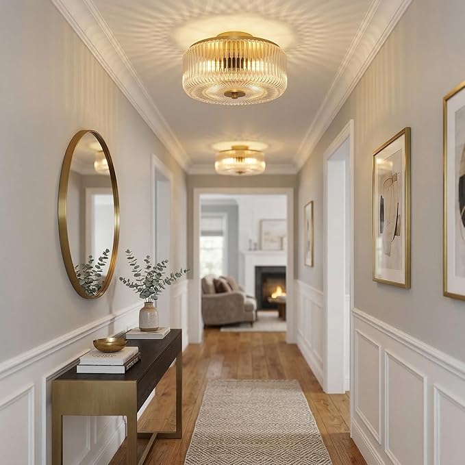 3-Light Flush Mount Ceiling Light, 11.8" Gold Ceiling Light Fixture with Ribbed Clear Glass Shade, Modern Drum Close to Ceiling Lamp with Closed Bottom for Bedroom Hallway Kitchen Entryway
