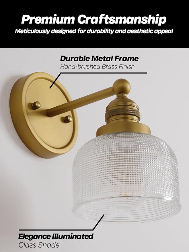 Gold Wall Sconces,Vintage Bathroom Vanity Light with Hand-Blowing Clear Glass Minimalist Brass Wall Sconce Light for Bathroom Mirror Living Room Bedroom Kitchen E26 Hardwire Indoor