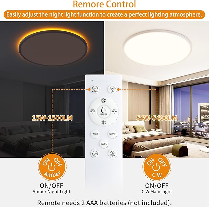 Flush Mount Ceiling Light with Night Light, 23in LED Ceiling Lights with Remote Control, 1800K Nightlights & 3000-6500K Dimmable Lamp Fixture, 54W 5400LM Low Profile for Bedroom, White