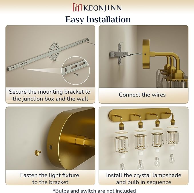 Keonjinn 5-Light Bathroom Light Fixtures, Crystal Gold Bathroom Vanity Lights Over Mirror, Vanity Lighting Fixtures with Crystal Square Shades (E26 Socket, Exclude Bulb)