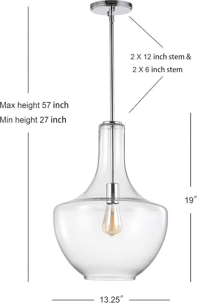 JONATHAN Y 13.25" Chrome/Clear Mid-Century Modern 1-Light LED Pendant Light Fixture, Adjustable Schoolhouse Hanging Lamp for Kitchen Island, Clear Glass Shade, LED Bulb Included (JYL6401A)