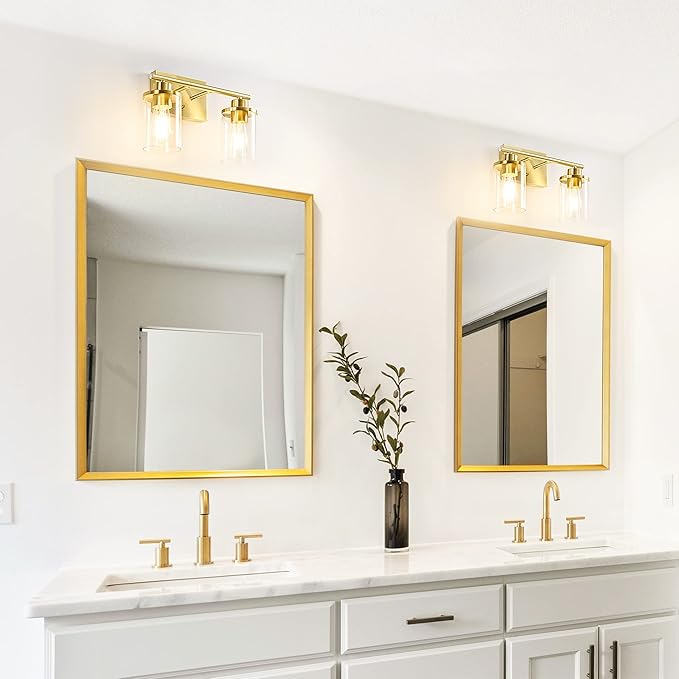EDISHINE Bathroom Light Fixtures, 2-Light Gold Bathroom Vanity Light, Modern Wall Sconces with Clear Glass Shades for Powder Room, Vanity Table, Mirror, Kitchen (E26 Base)