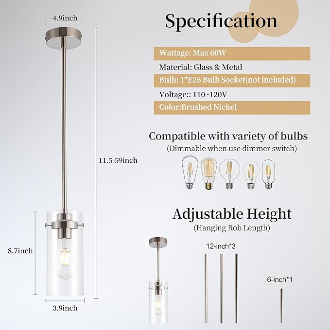 Pendant Lights Kitchen Island, Kitchen Lights Ceiling Hanging, Kitchen Light Fixtures Brushed Nickel Finish, Industrial Pendant Light Fixtures for Kitchen Island