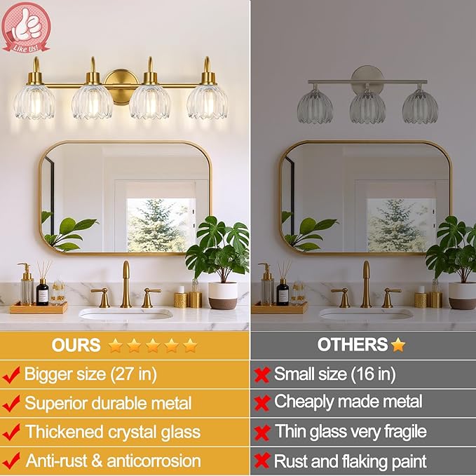 4-Light Bathroom Light Fixtures, 27" Brushed Gold Vanity Lights for Bathroom with Ribbed Clear Tulip Glass Shade, Vintage Bathroom Vanity Lighting Fixtures Over Mirror for Bedroom Living Room Hallway