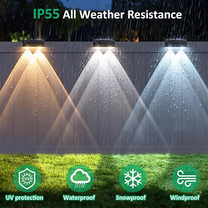 Solar Fence Lights Outdoor, IP55 Waterproof Solar Lights 3 Color Modes(3000K/4000K/6000K) Fence Light Solar Powered for Outside, Backyard, Railing, Steps, Patio and Wall Lighting（12 Pack）