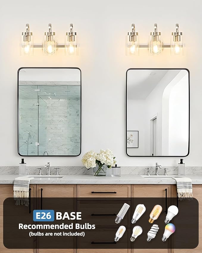 3 Light Bathroom Vanity Light, Brushed Nickel Vanity Lights for Bathroom, Modern Light Fixtures Over Mirror with Clear Glass Shade, Wall Sconce Lighting for Bedroom Living Room Hallway